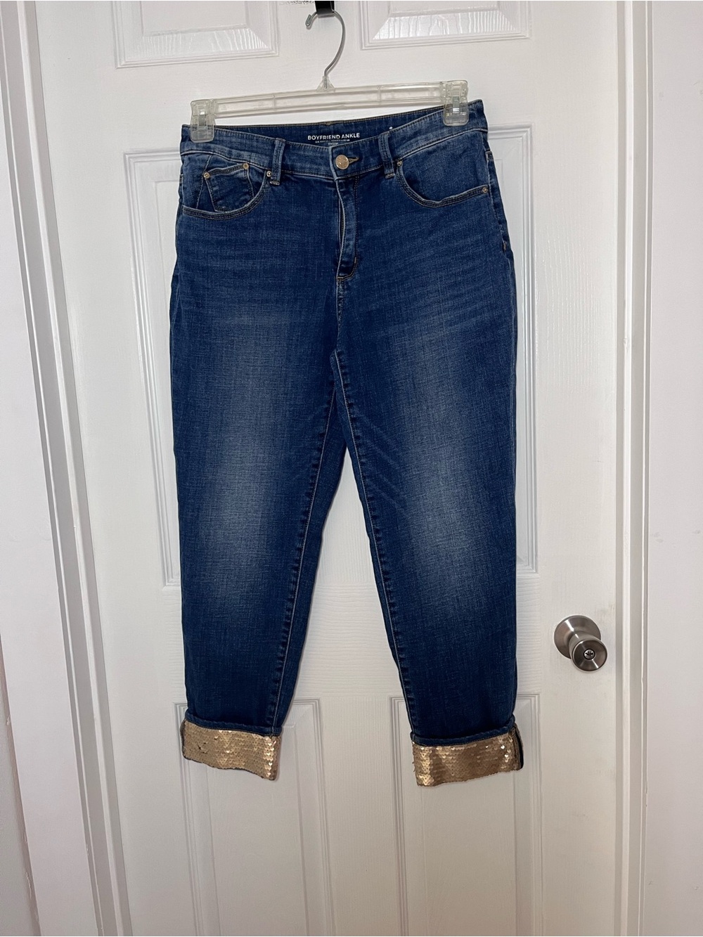 Chico's Dark Blue Boyfriend Jeans with Gold Sequin Cuffs